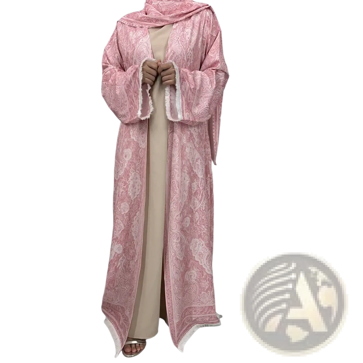 A long flowing pink paisley tassel open abaya with white fringed trim along cuffs and hem for islamic wear