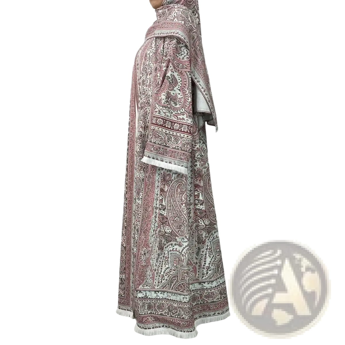 A flowing long-sleeved paisley tassel open abaya in rich burgundy and cream with white fringe detailing
