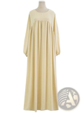 A soft pale yellow long-sleeved Dubai abaya with gathered waist loose fit modest nightgown dress