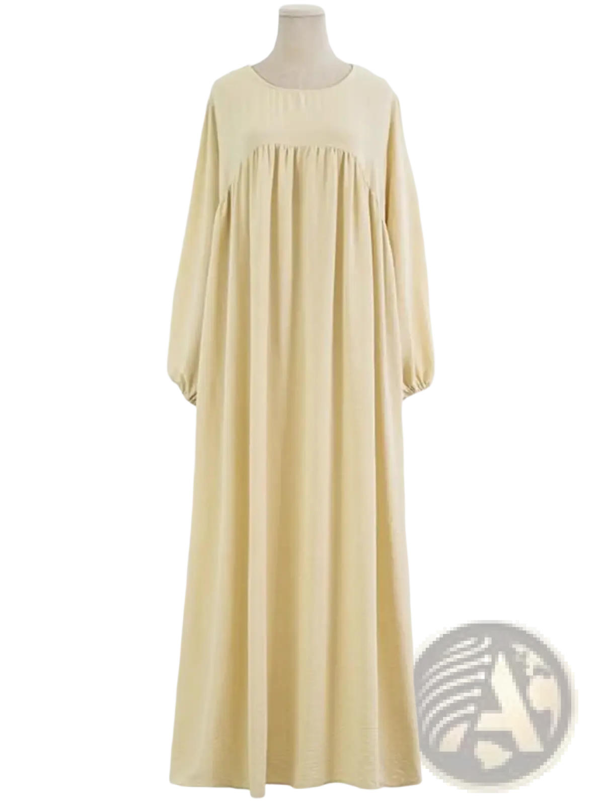 A soft pale yellow long-sleeved Dubai abaya with gathered waist loose fit modest nightgown dress