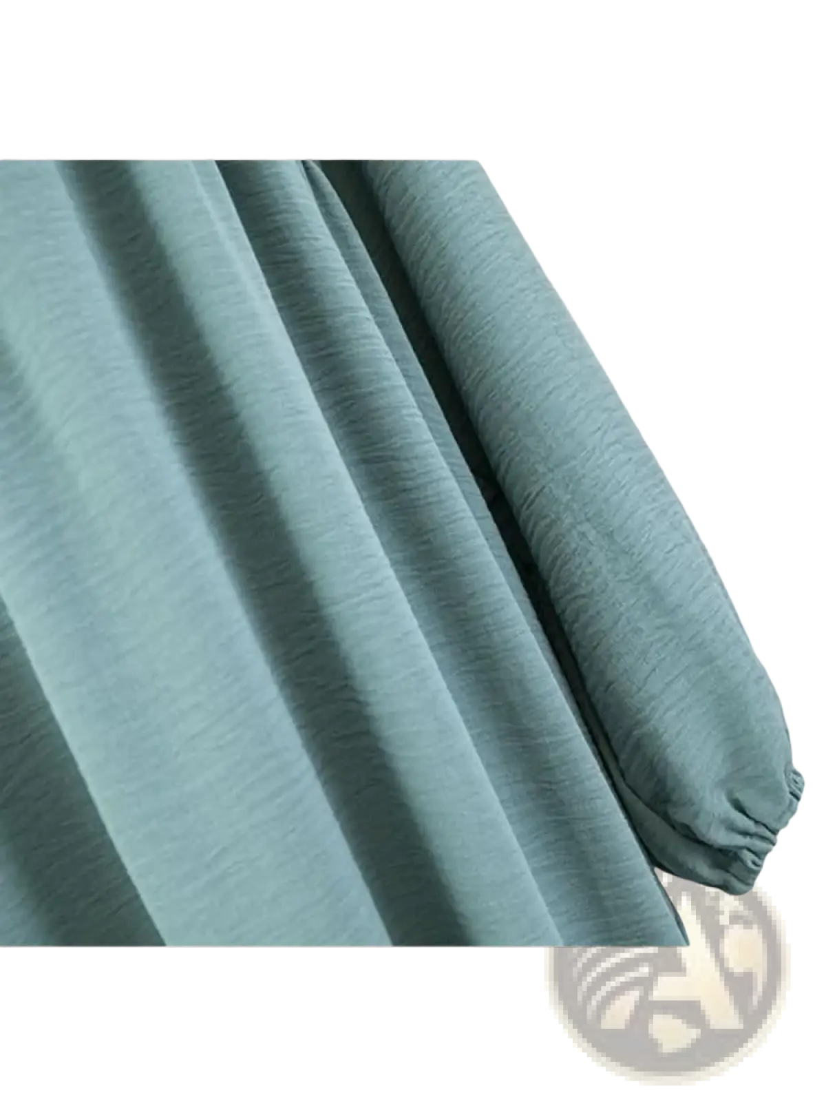 Soft light blue fabric with subtle textured weave and gathered sleeve detail for pale yellow dubai abaya long modest dress