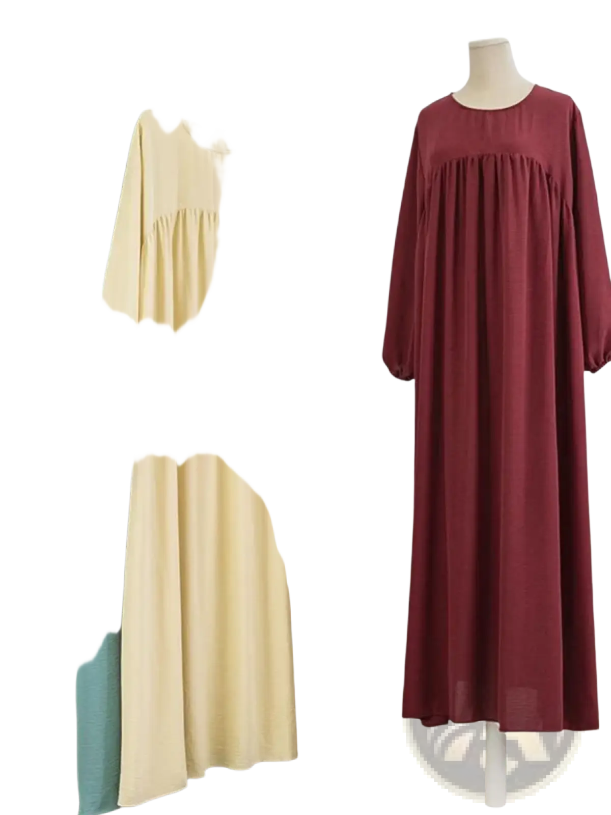 Pale yellow dubai abaya long modest dress in soft flowing maroon fabric with gathered waist and relaxed fit long sleeves