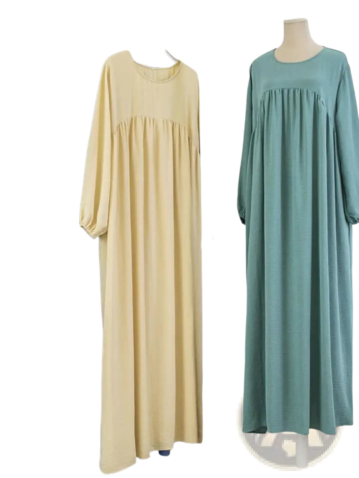 A pale yellow dubai abaya long modest dress with soft fabric gathered waist and elasticated cuffs floor-length