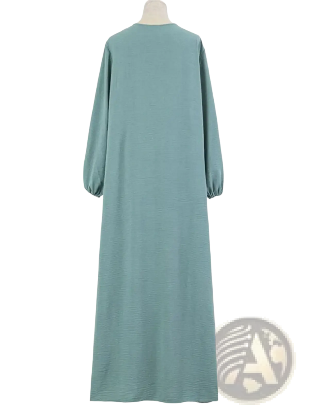 Pale yellow dubai abaya long modest dress in soft teal with subtle textured weave and gathered long sleeves