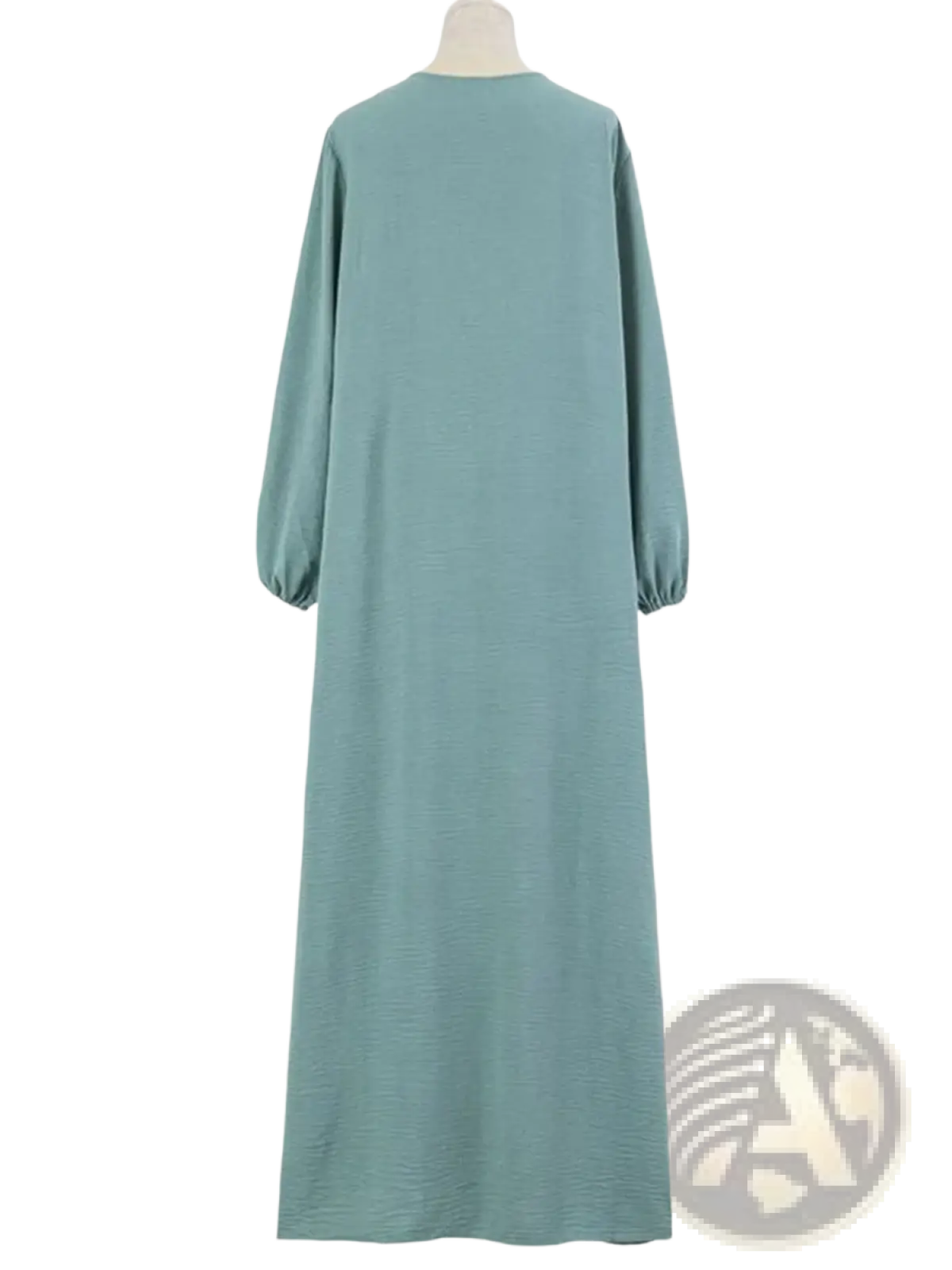 Pale yellow dubai abaya long modest dress in soft teal with subtle textured weave and gathered long sleeves