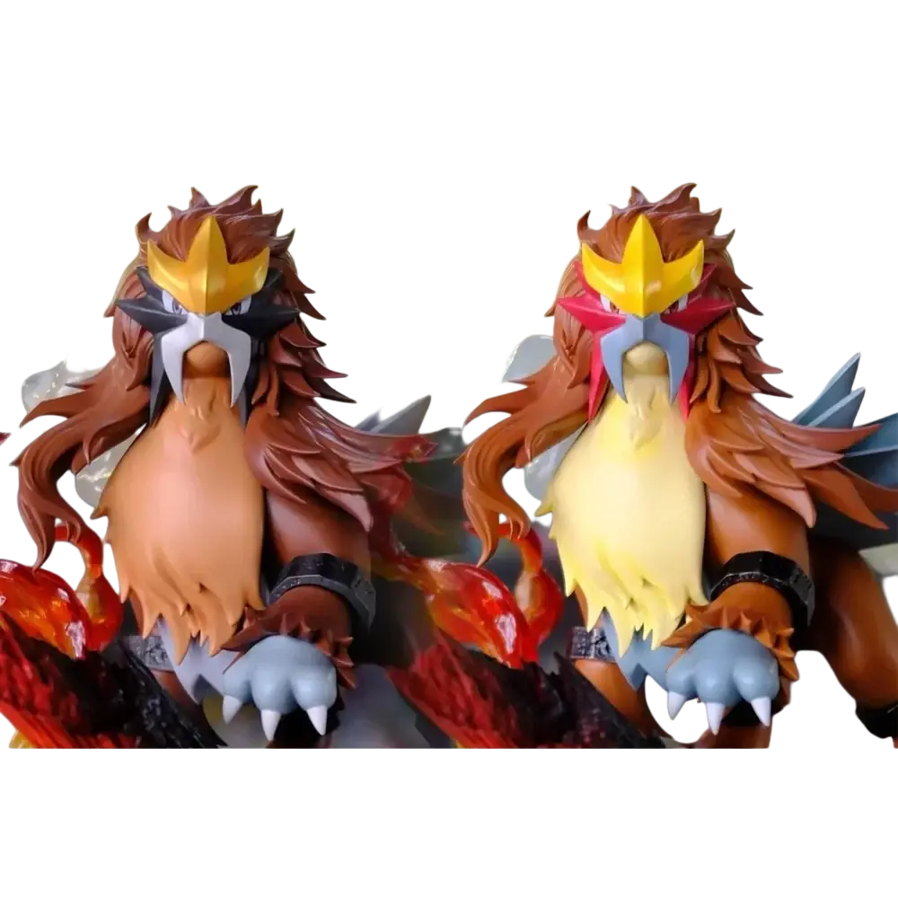 Two detailed 1/20 scale resin figurines of incineroar with dark and golden-yellow colors on a pallet town original shiny burned tower base