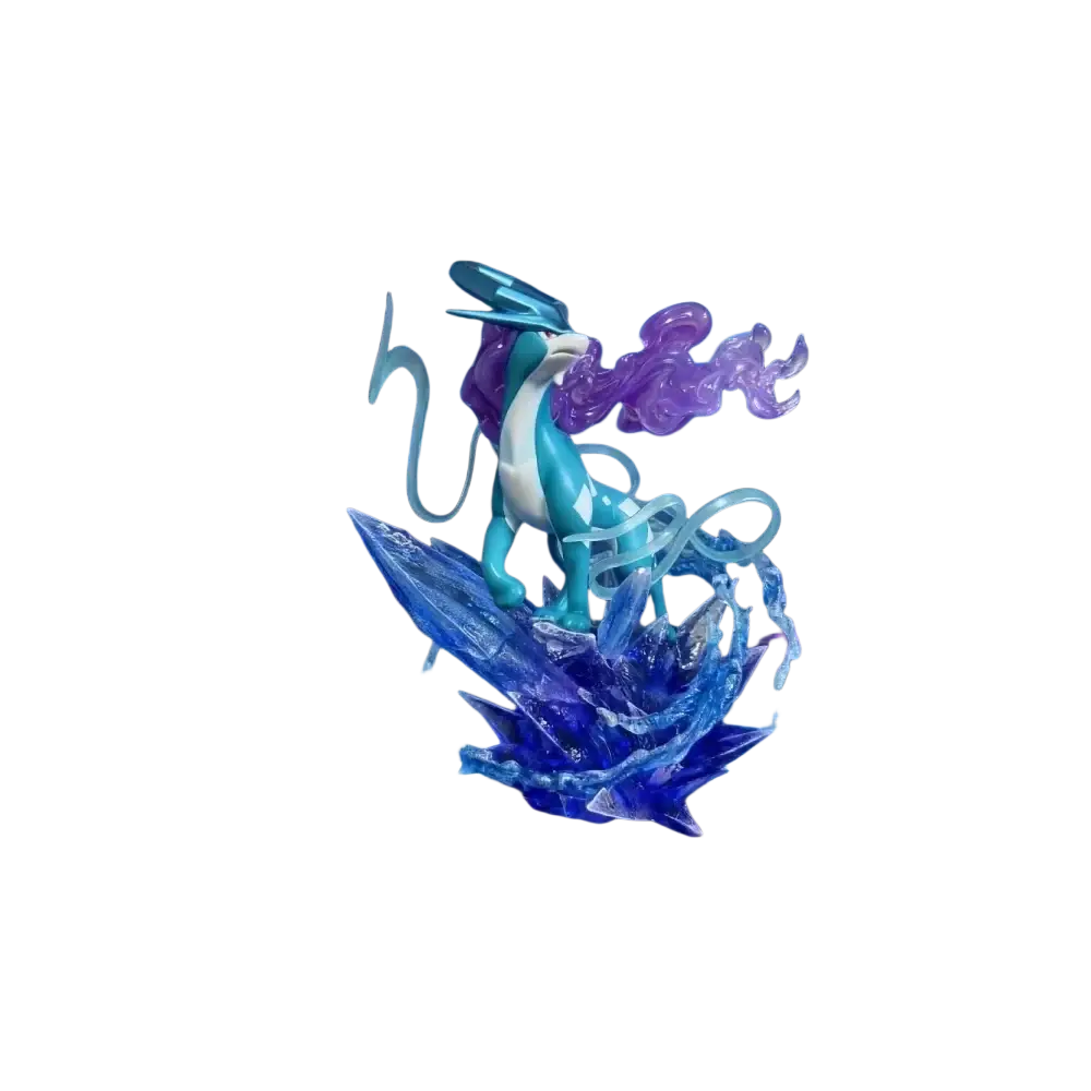 Translucent teal and white resin kyogre figurine with glowing crystals on original shiny pallet town burned tower base