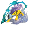 Yellow and black original shiny pokémon resin figure with purple cape on burned tower base from pallet town set