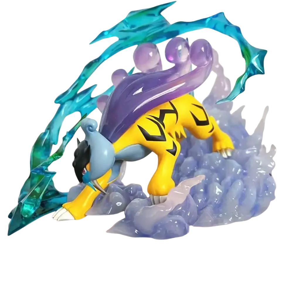 Yellow and black original shiny pokémon resin figure with purple cape on burned tower base from pallet town set