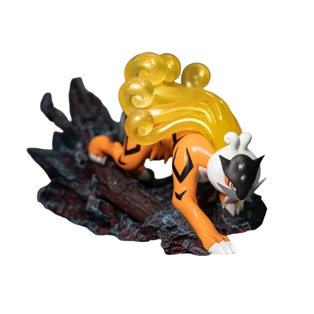Original shiny pallet town Entei resin figure with flowing golden-yellow mane and burned tower base detail