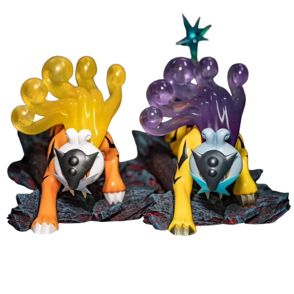Two 1/20 scale resin mega rayquaza figurines in yellow orange and purple gold with original shiny orbs on burned tower base from pallet town