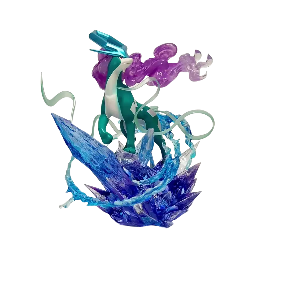Vibrant teal and white mega rayquaza resin figurine with purple energy tendrils on blue crystalline burned tower base from pallet town original shiny collection
