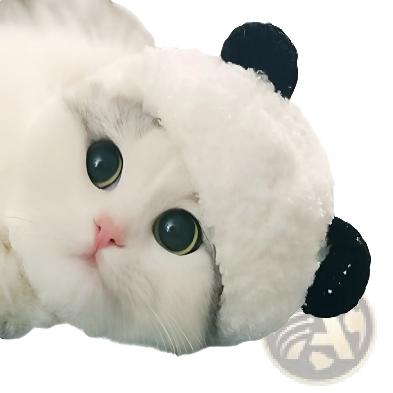Fluffy white panda pet hat with black ear accents made of soft material for cat costume and animal headwear use