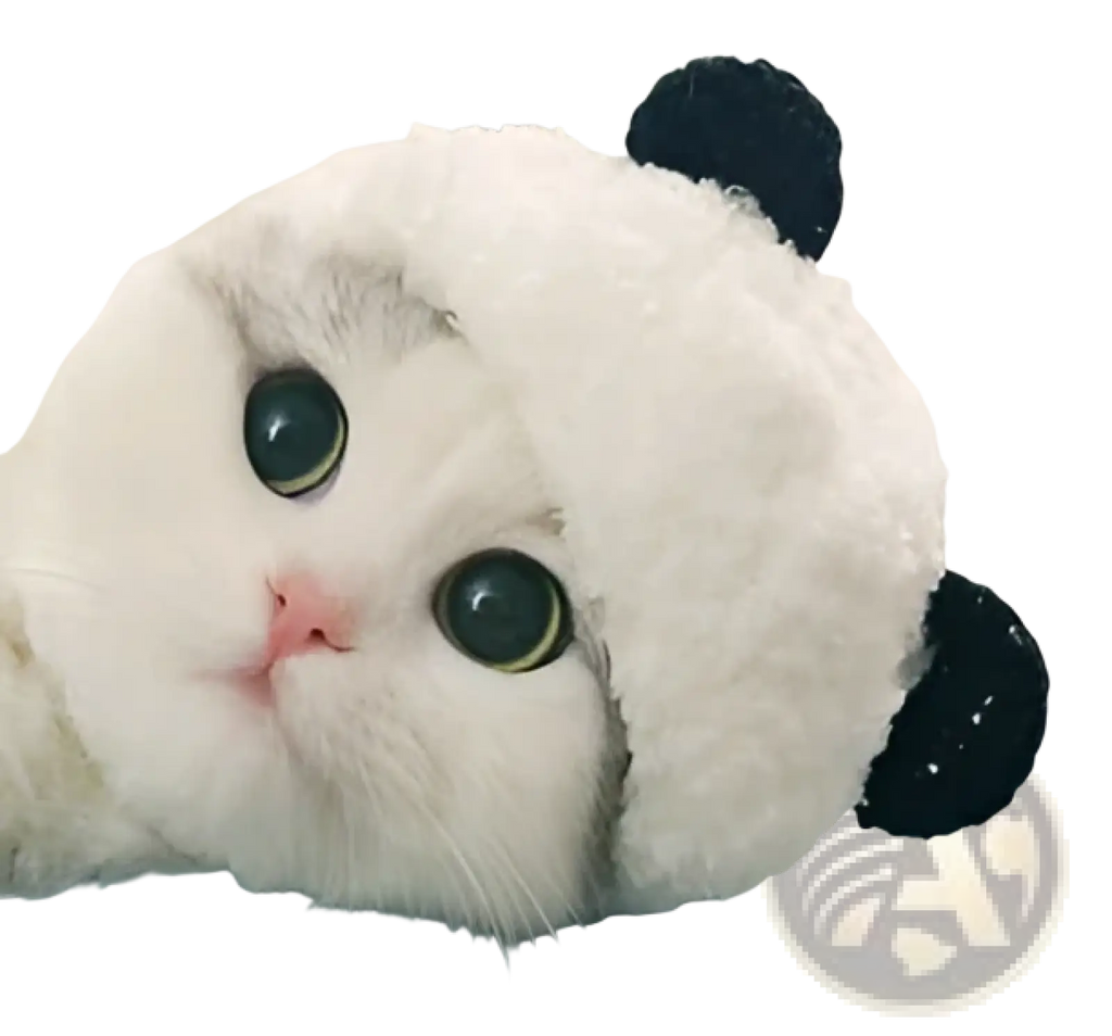 A fluffy white cat wearing a soft plush panda pet hat with black ears white animal headwear costume