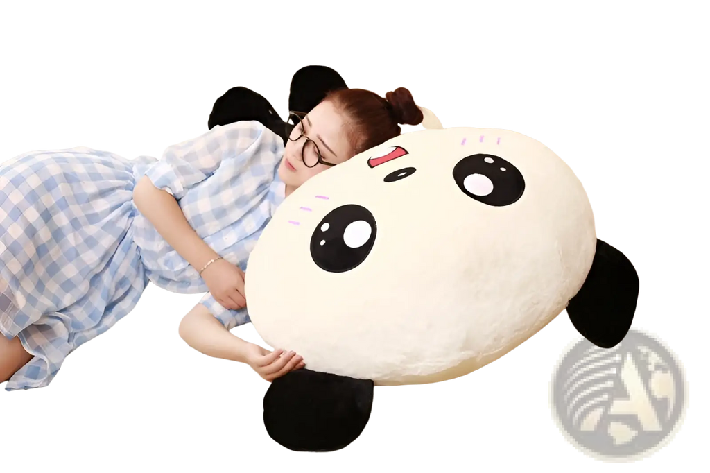 A plush panda-shaped pillow with soft white and black fur, large round eyes, and a small pink nose, 70cm stuffed toy