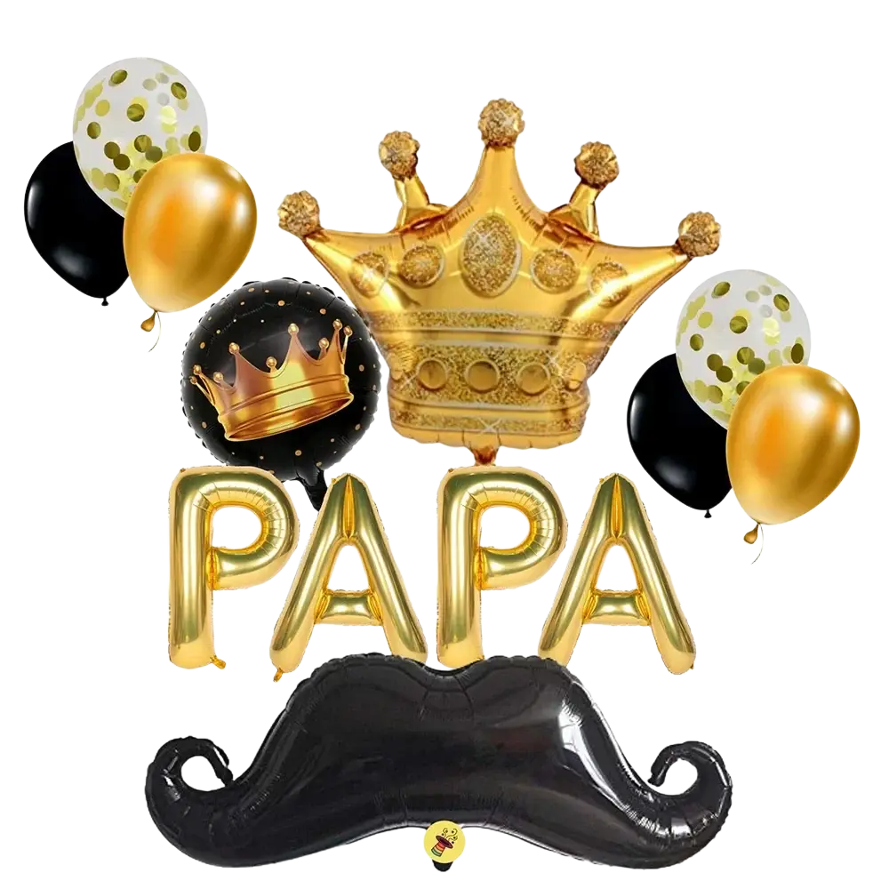 Gold and black foil balloon set with crown mustache and papa letters for papa fathers day decoration set