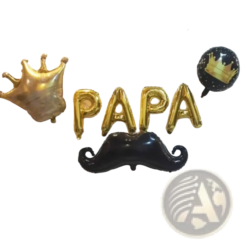 Gold and black foil balloon decoration set spelling papa with crown mustache and birthday banner for fathers day