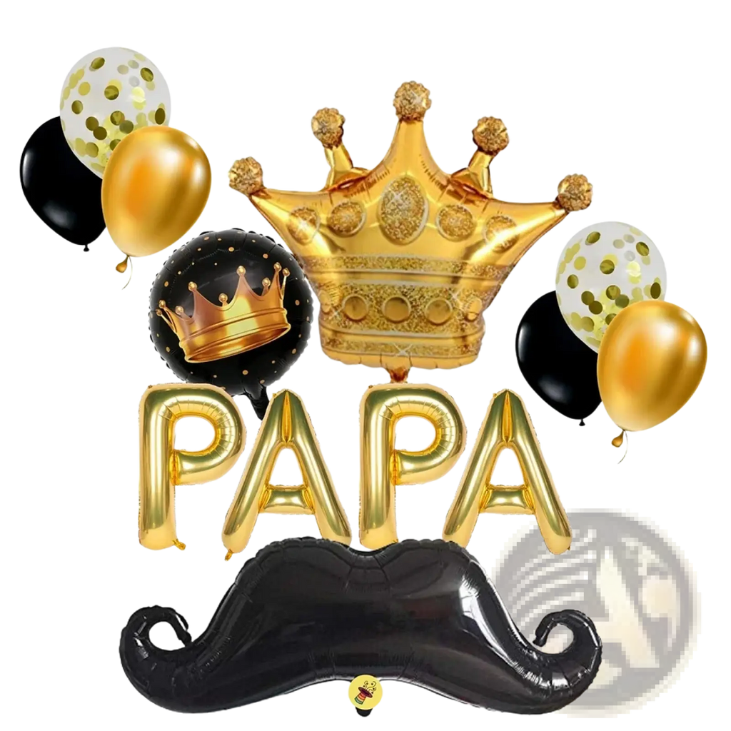 Gold and black foil balloon set with crown mustache and papa letters for papa fathers day decoration set