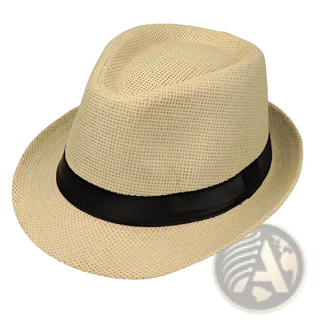 Beige woven fedora straw sun hat with a black satin band from the parent child collection