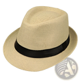 Beige woven fedora straw sun hat with a black satin band from the parent child collection