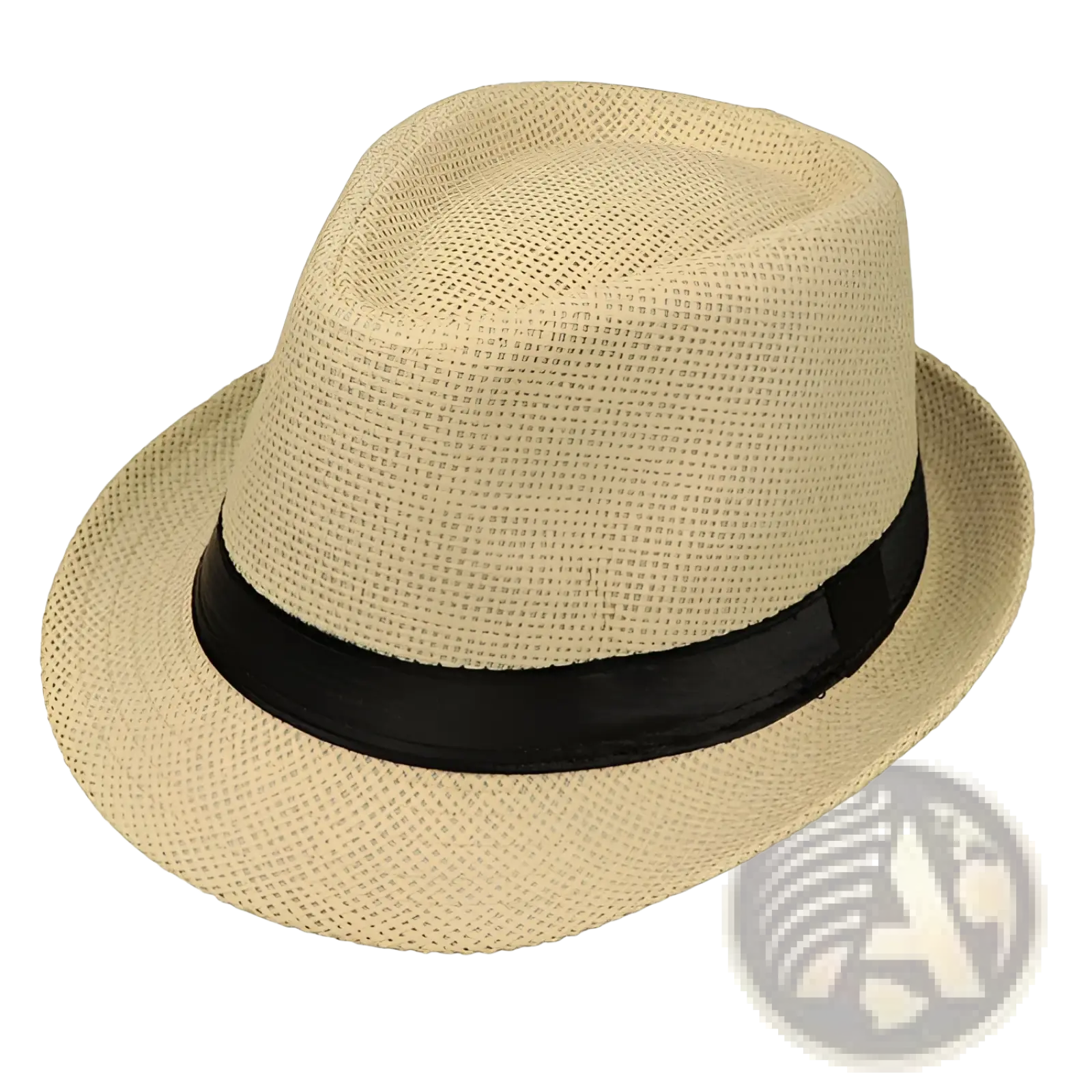 Beige woven fedora straw sun hat with a black satin band from the parent child collection