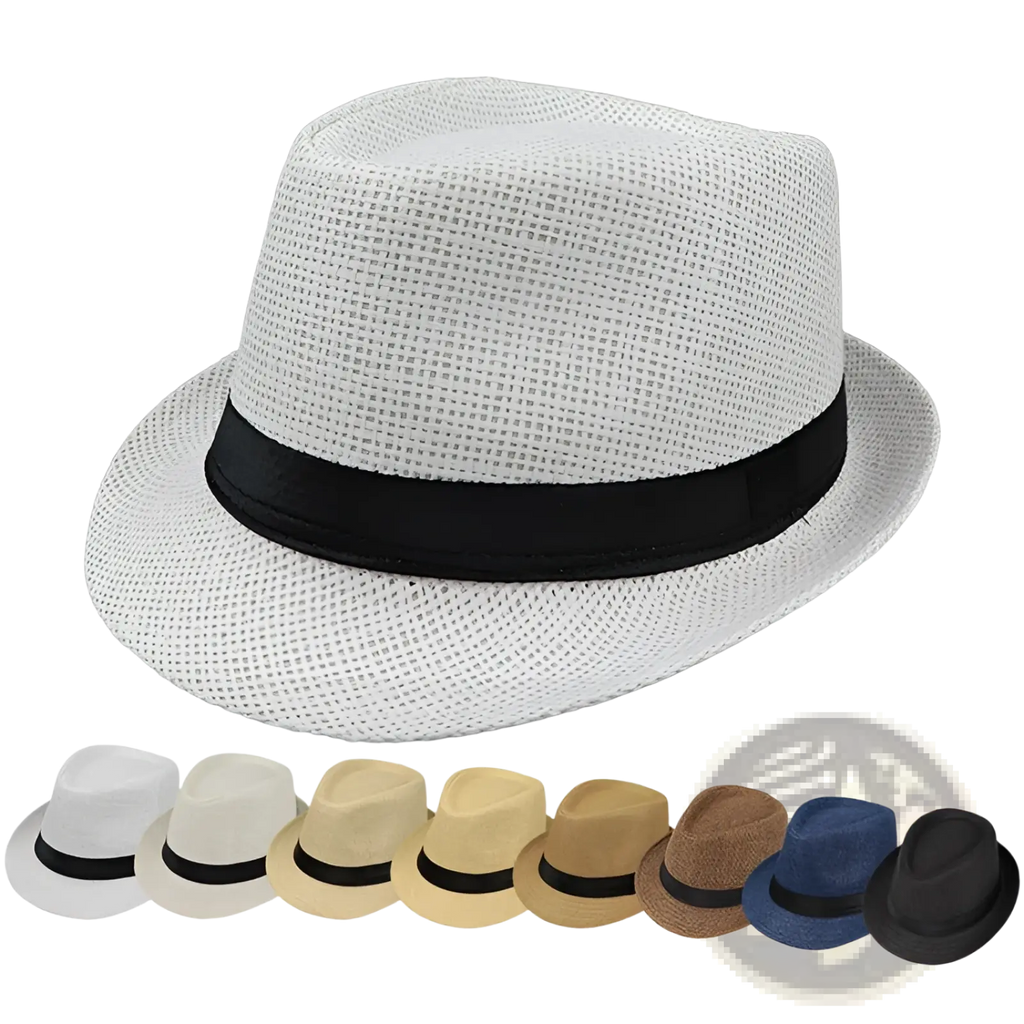 White woven fedora hat with black ribbon band made of straw for parent child sun protection