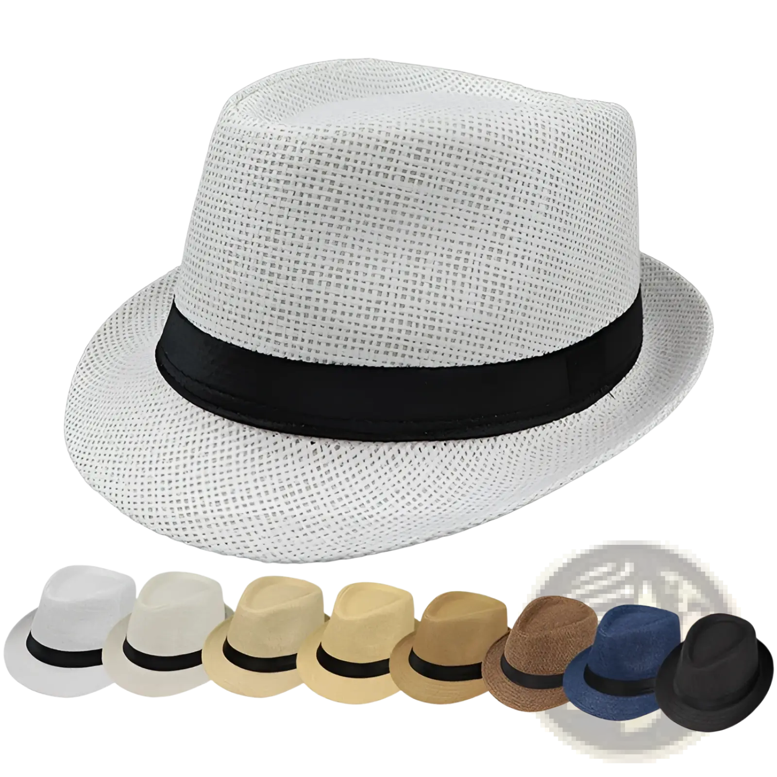 White woven fedora hat with black ribbon band made of straw for parent child sun protection