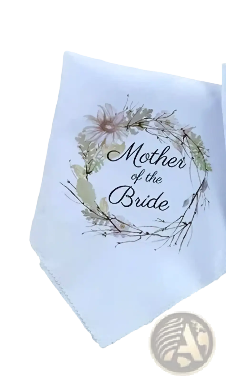 White cotton parent wedding handkerchief featuring a delicate floral wreath and mother of the bride script text