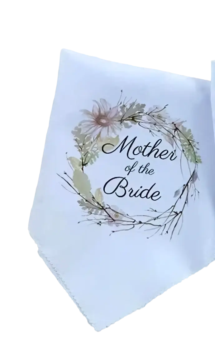 White cotton parent wedding handkerchief featuring a delicate floral wreath and mother of the bride script text
