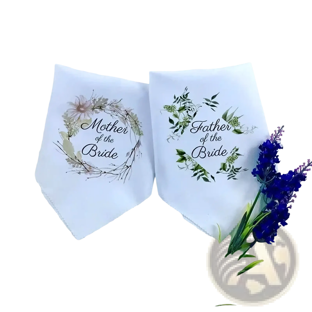 White cotton triangular handkerchiefs printed mother of the bride and father of the bride in floral wreaths parent set