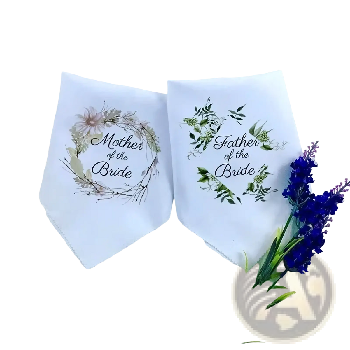 White cotton triangular handkerchiefs printed mother of the bride and father of the bride in floral wreaths parent set