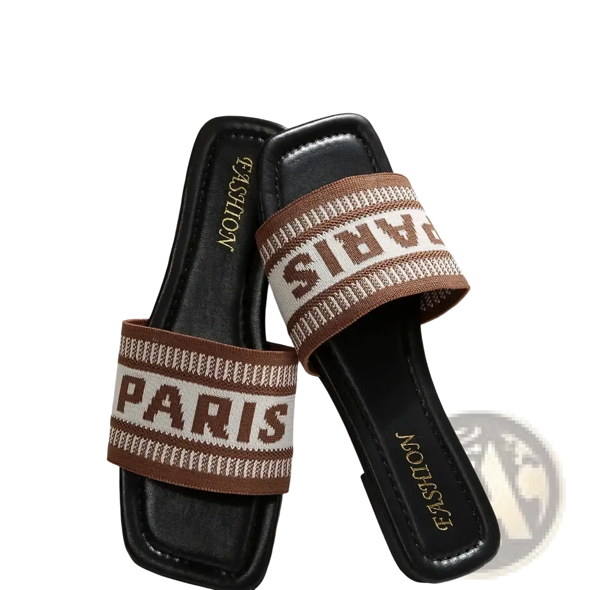 Black slide sandals with brown and white knitted strap featuring paris lettering casual flat shoes for women
