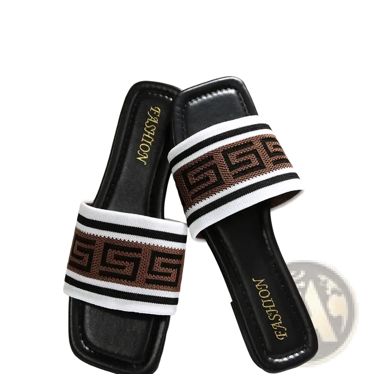 Black Paris Letter slide sandals with brown and white striped woven geometric strap for women casual flat shoes