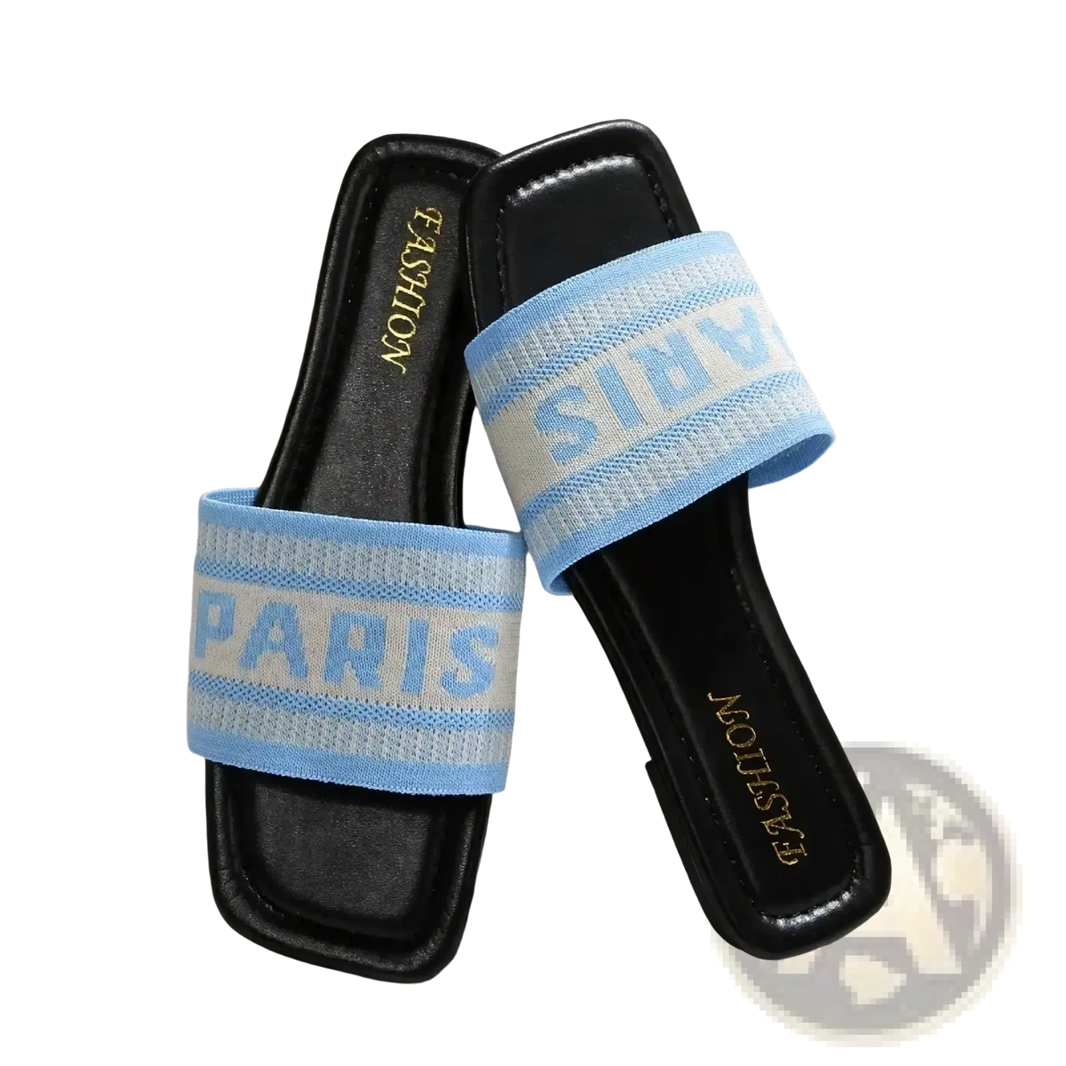 Black slide sandals with light blue and white striped fabric straps featuring the word Paris for casual wear