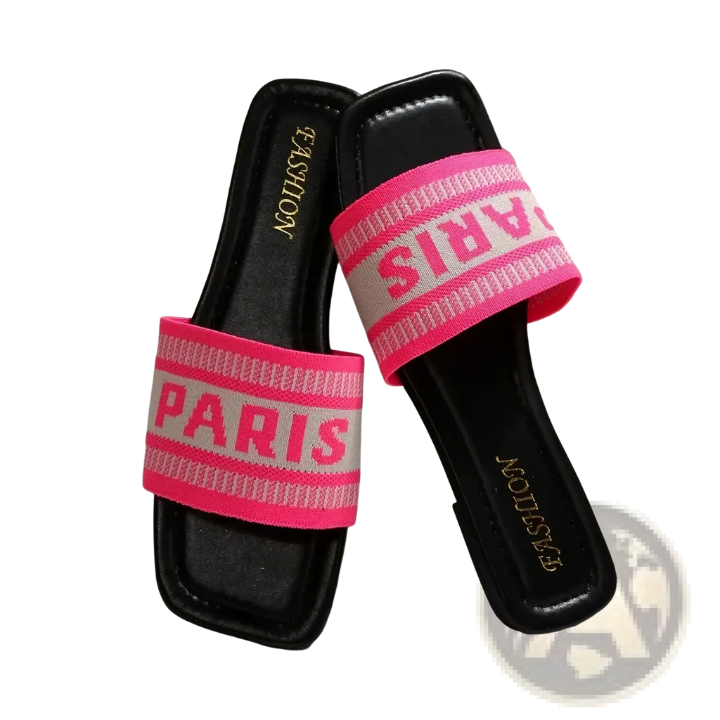 Black Paris letter slide sandals for women with vibrant pink and white striped strap casual flat shoes