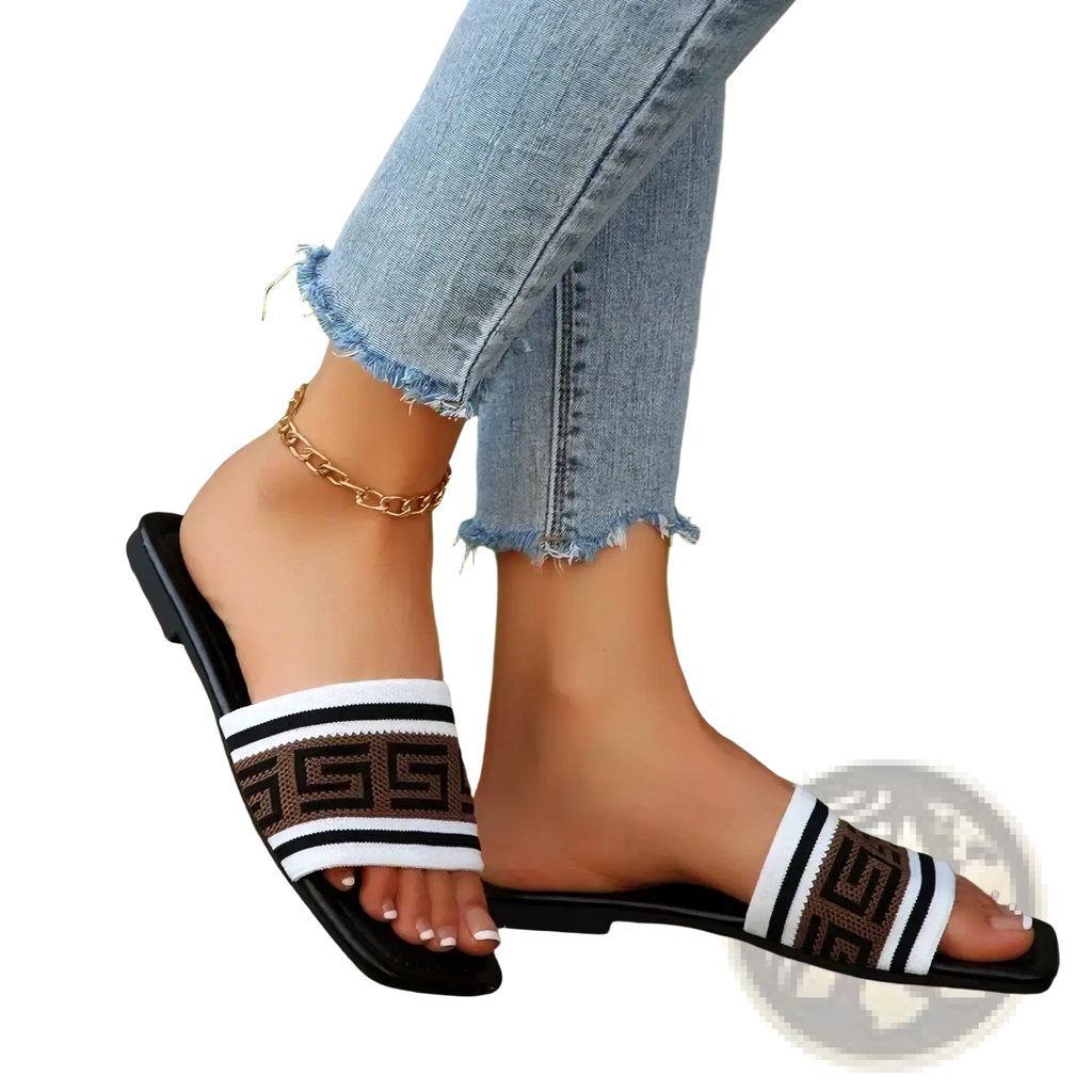 Black paris letter slide sandals for women with white and brown geometric patterned straps for casual wear