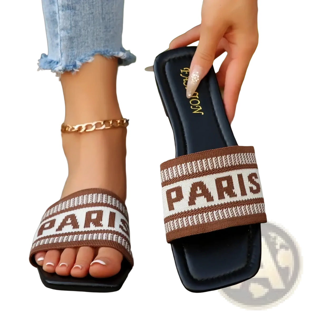 Brown and white knitted strap paris letter slide sandals women casual flat shoes for comfortable wear
