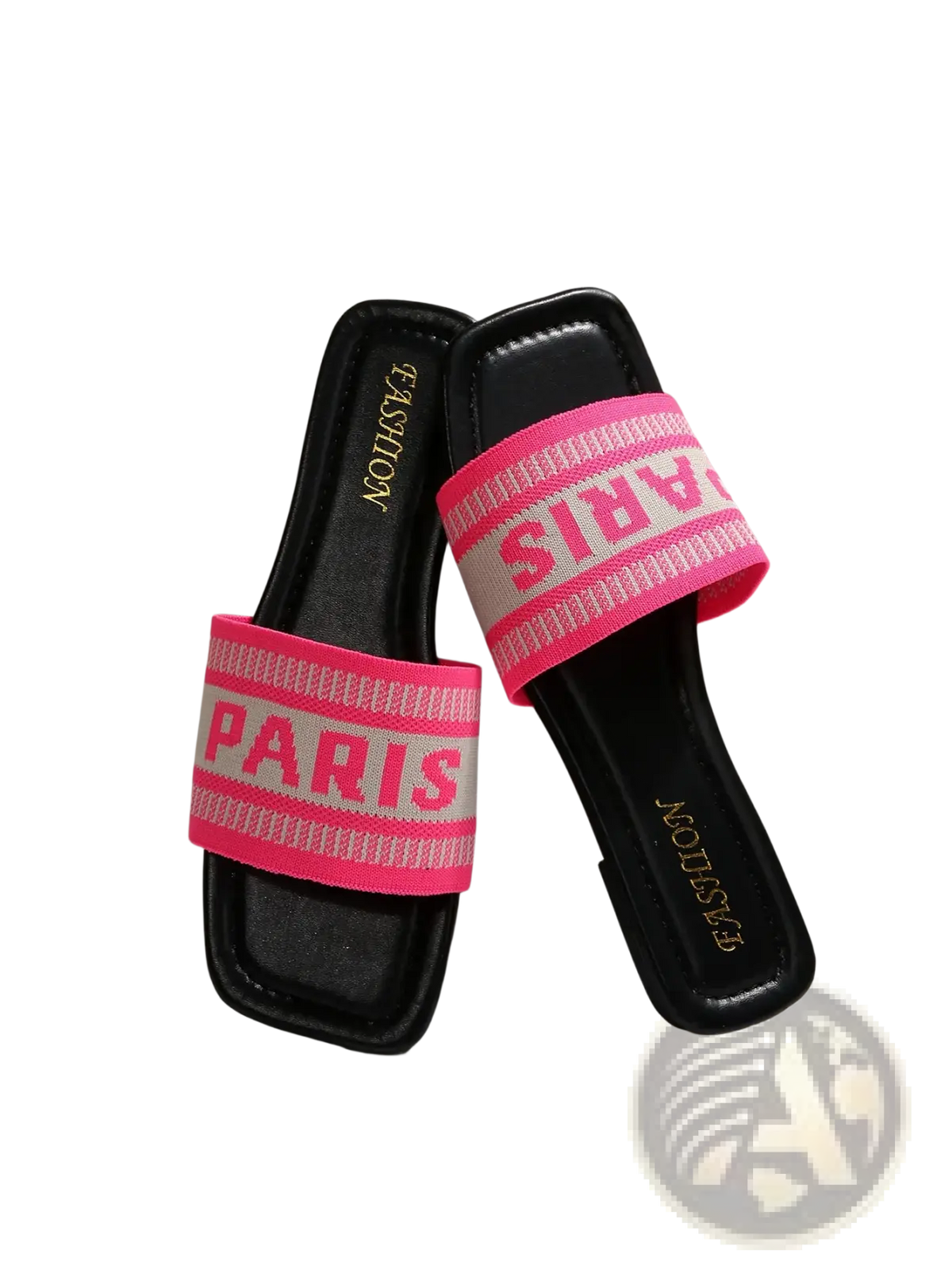 Black slide sandals with vibrant pink and white striped strap featuring paris lettering for casual wear