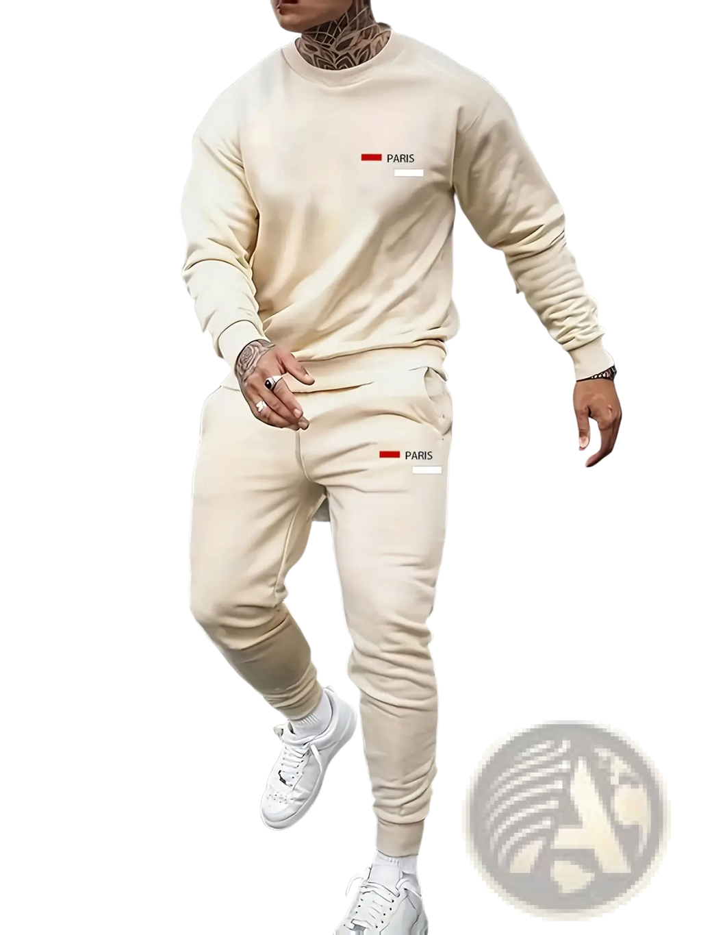 Cream-colored Paris printed fleece hoodie and joggers set with matching red logo details for casual wear