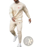 Cream-colored Paris printed fleece hoodie and joggers set with matching red logo details for casual wear