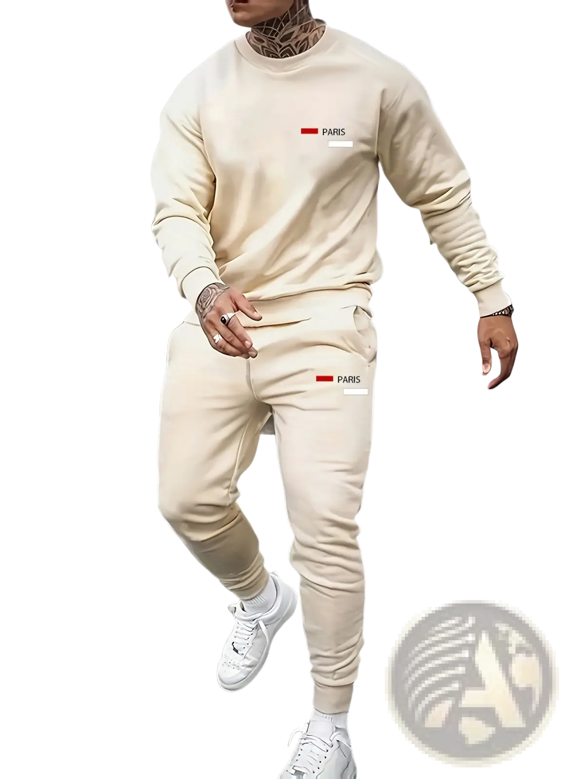 Cream-colored Paris printed fleece hoodie and joggers set with matching red logo details for casual wear