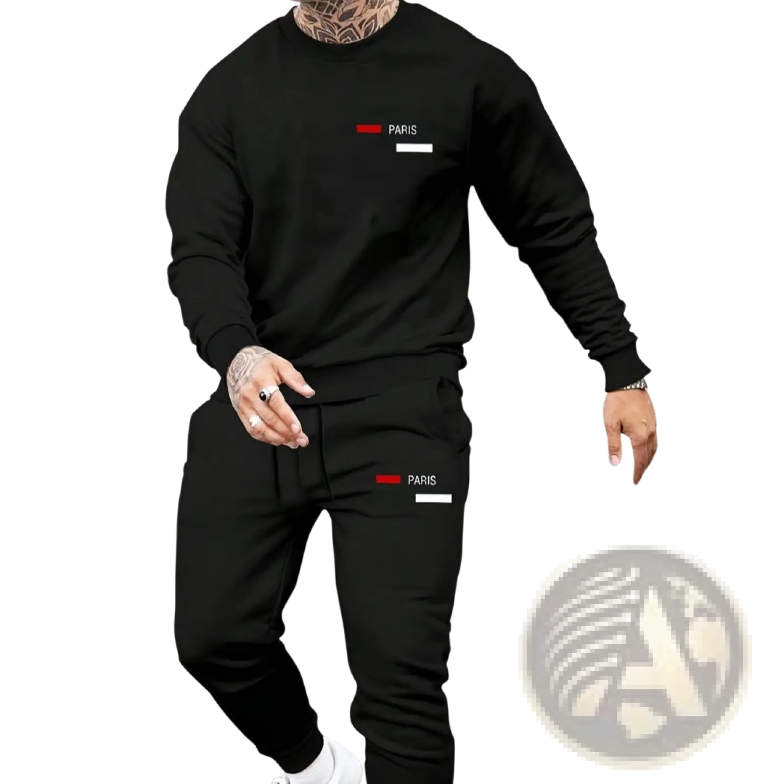 Black paris printed fleece hoodie and joggers set with minimalist red and white logo detailing