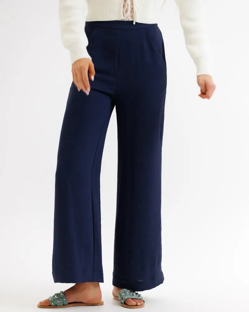 Navy high waist wide-leg trousers with subtle pleats made from a soft, flowing fabric for elegant wear