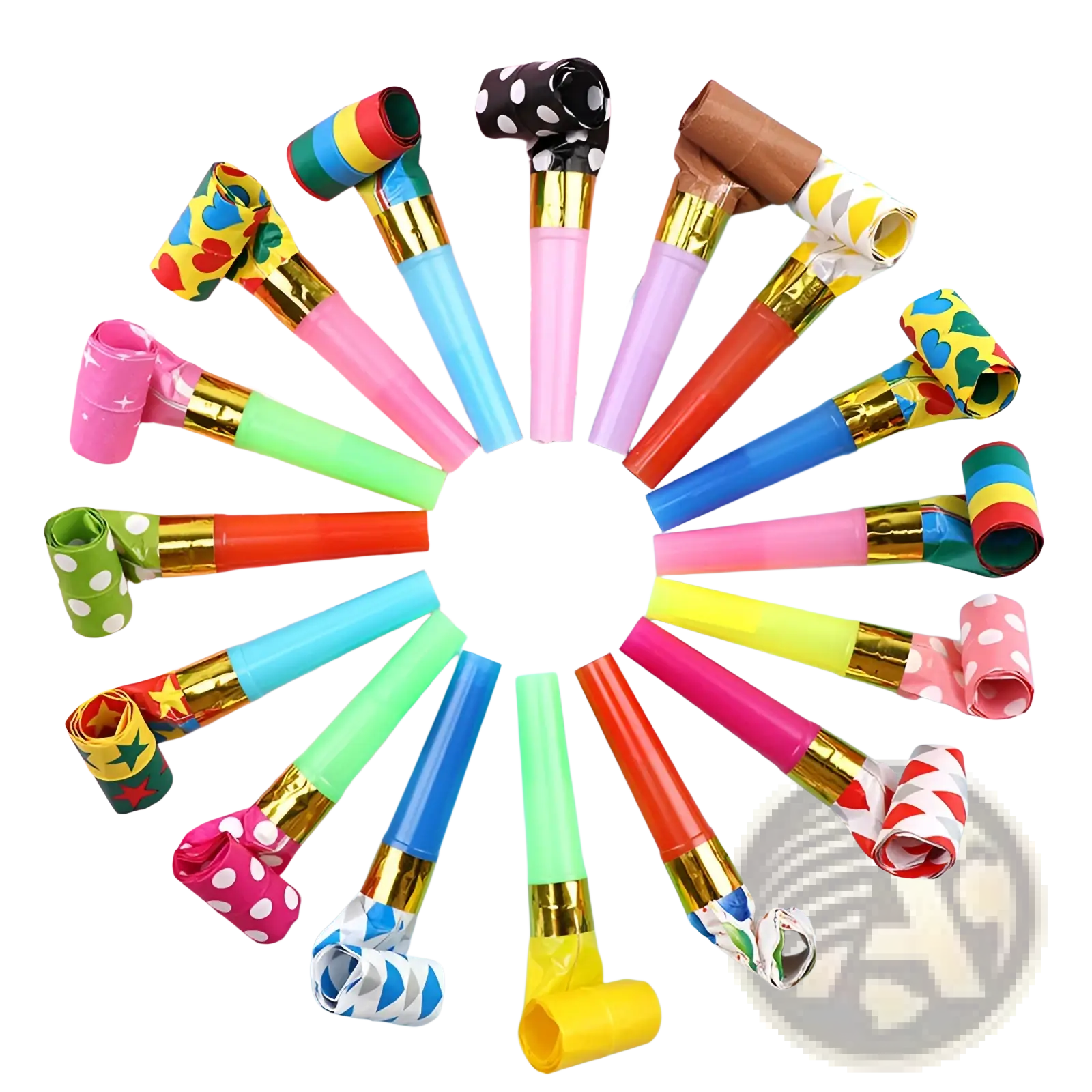 A 10 pack of colorful party blower noisemakers with gold metallic accents and assorted patterns for kids birthdays