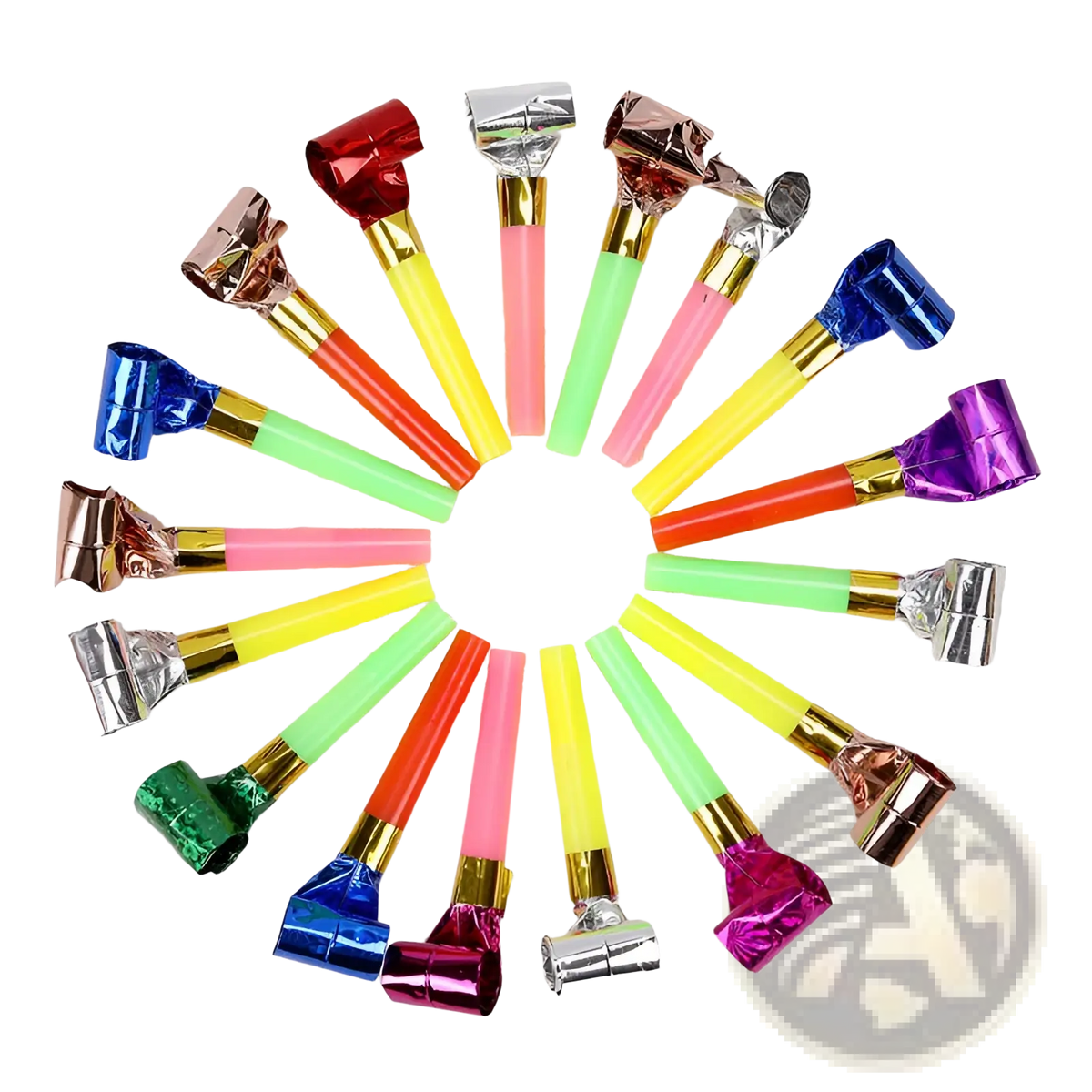 A 10 pack of colorful party blower noisemakers for kids birthdays with shiny metallic caps and vibrant plastic tubes arranged in a circle
