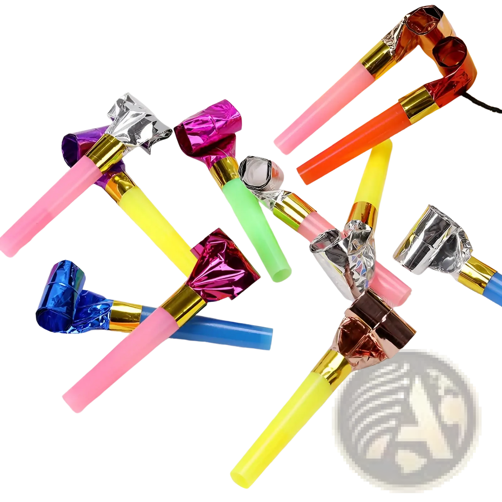 A collection of colorful party blower noisemakers with shiny metallic tops and gold bands for kids birthdays 10 pack