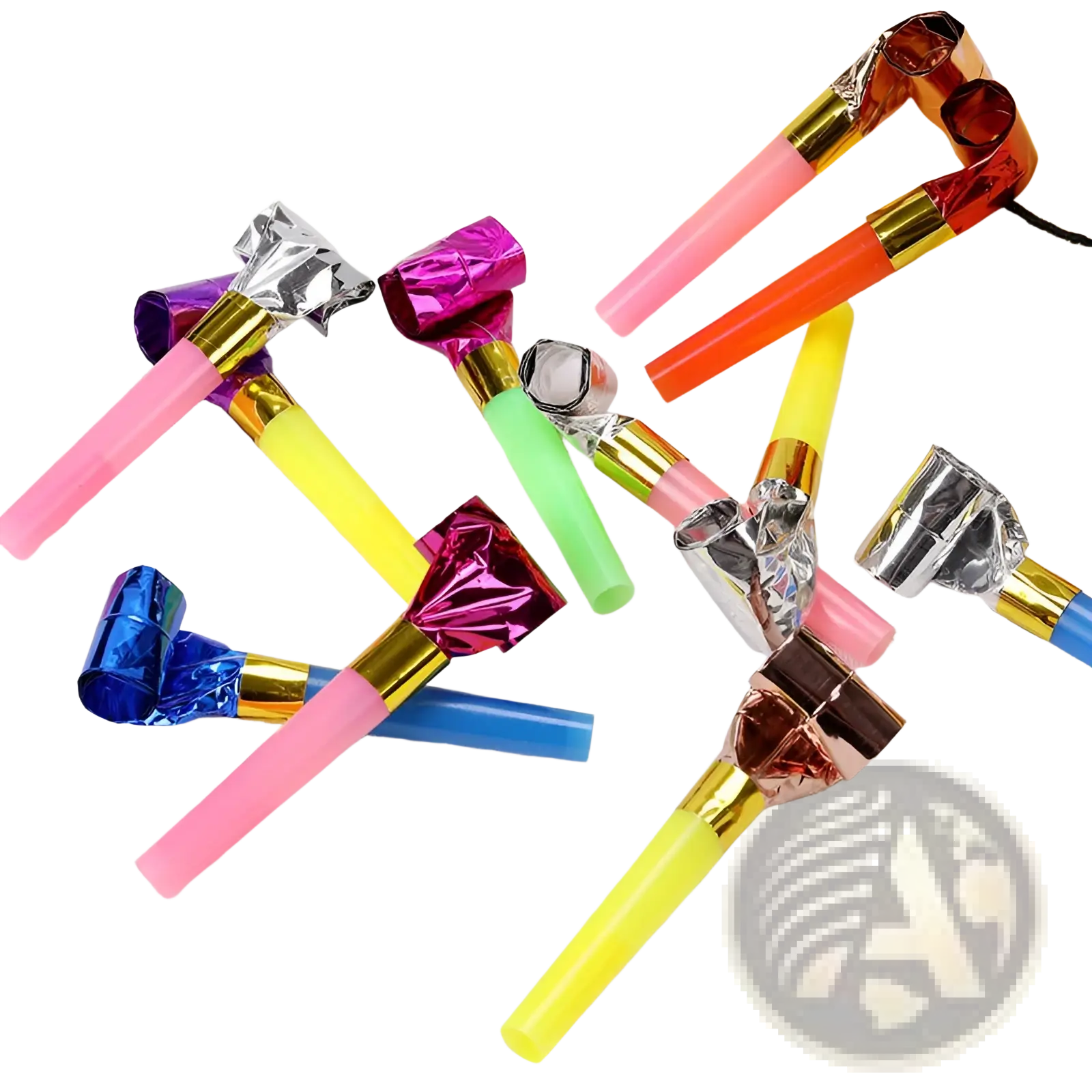 A collection of colorful party blower noisemakers with shiny metallic tops and gold bands for kids birthdays 10 pack