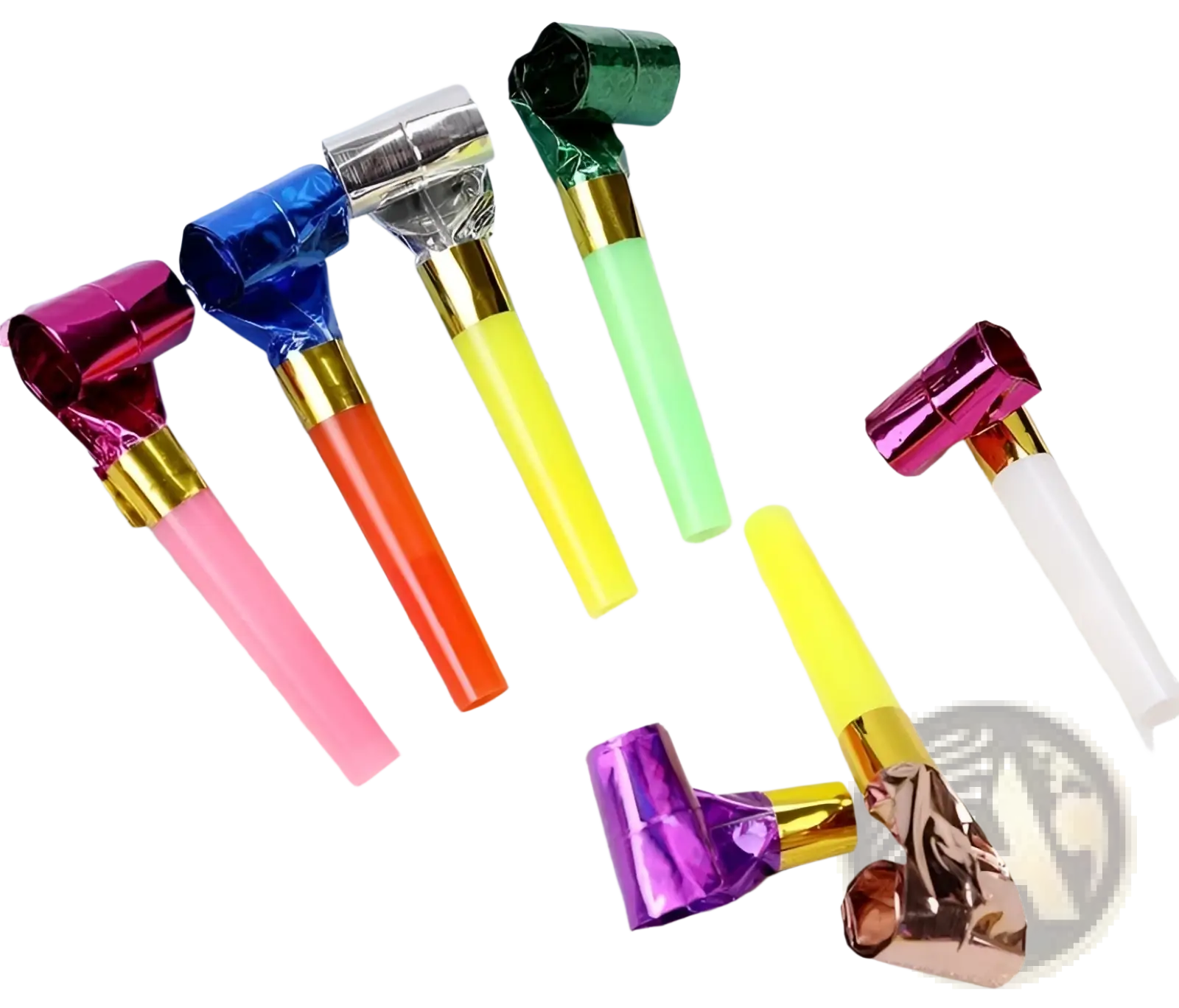 Party blower noisemakers for kids birthdays 10 pack with colorful plastic handles and shiny metallic tops in multiple hues