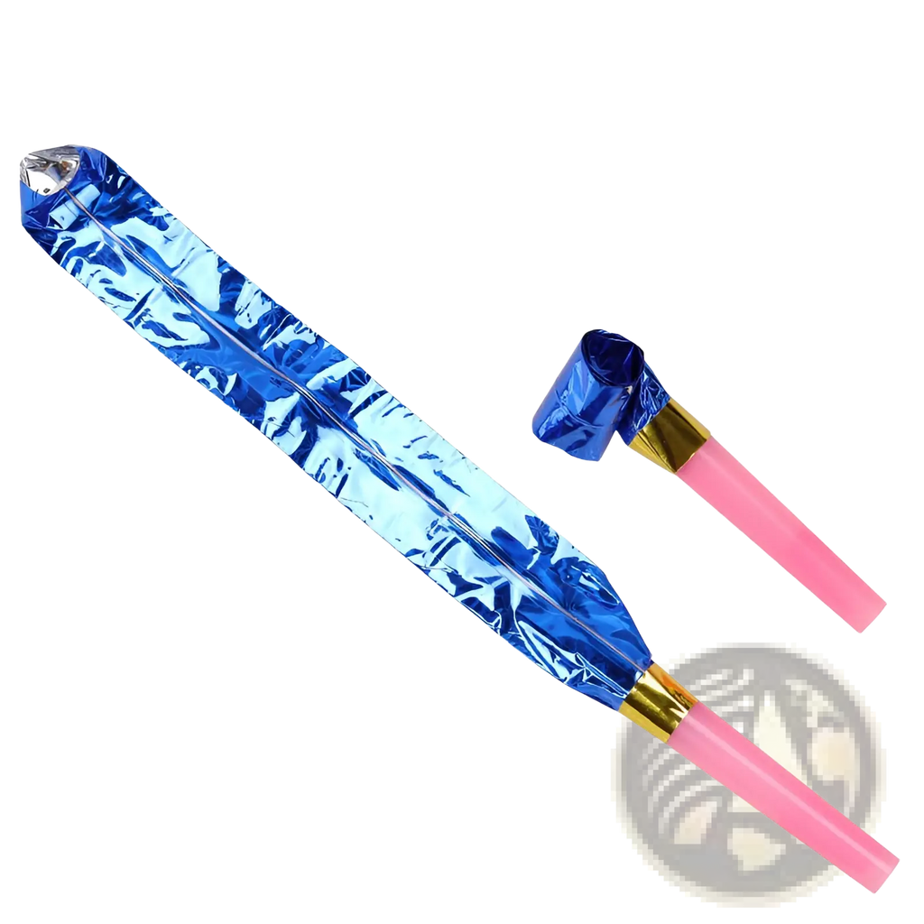 Party blower noisemakers for kids birthdays 10 pack featuring blue metallic blowers with pink plastic handles and gold accents