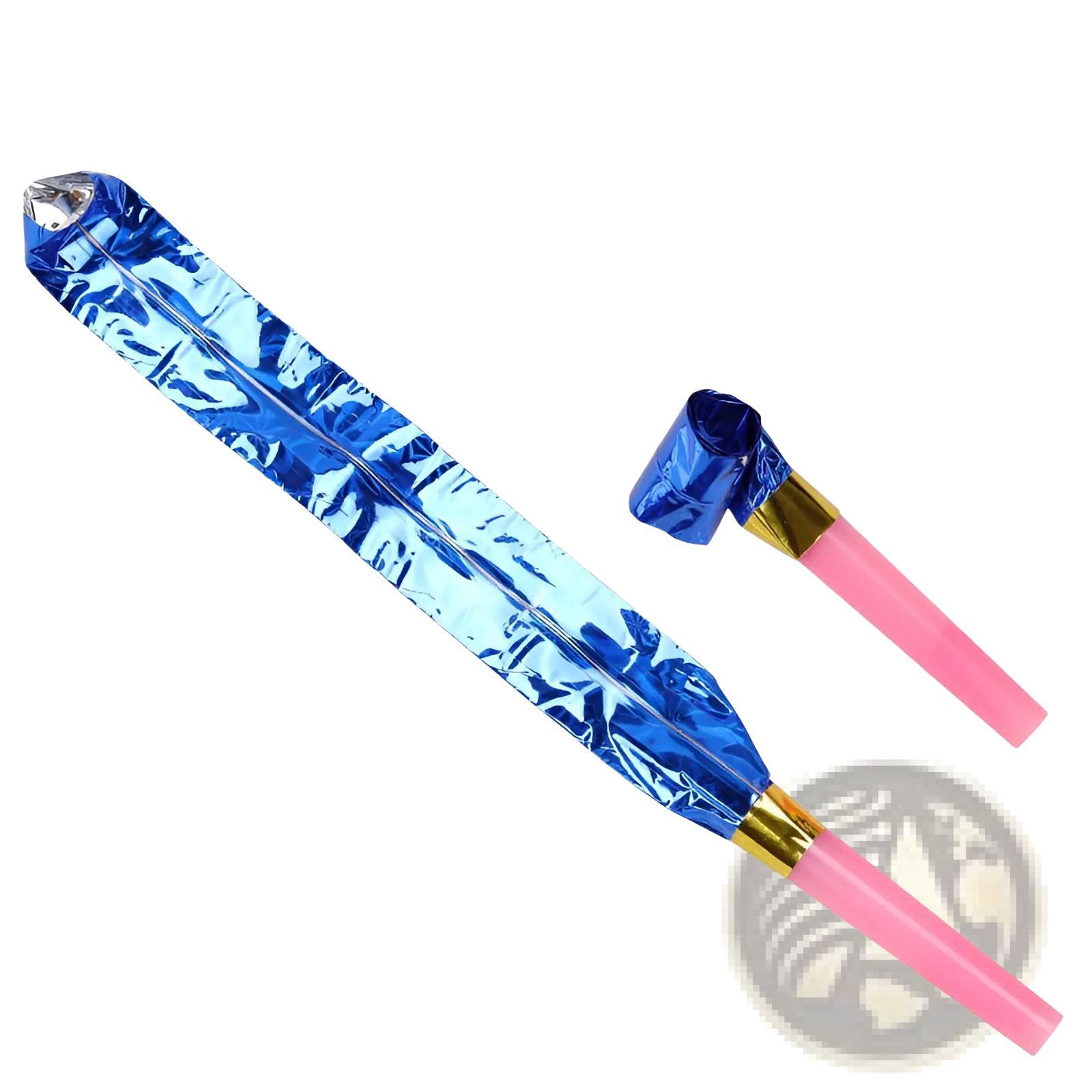 Party blower noisemakers for kids birthdays 10 pack featuring blue metallic blowers with pink plastic handles and gold accents